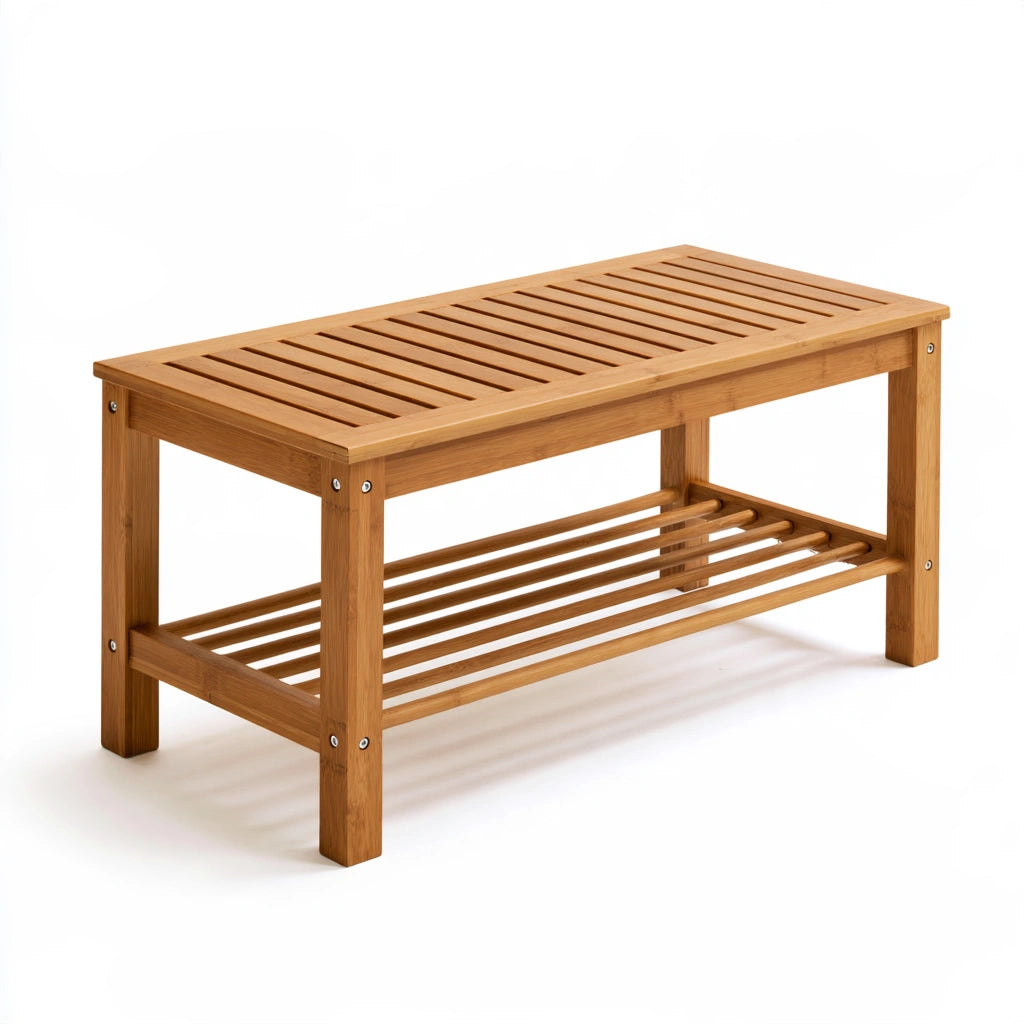 Onvirex bamboo shoe bench with storage, natural light brown color, angled view, suitable for hallway or entryway.