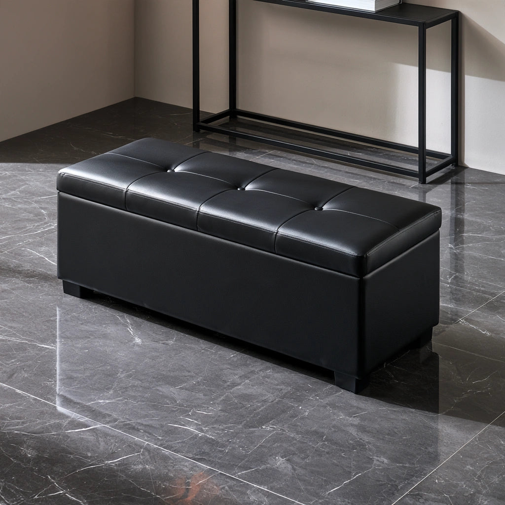 Onvirex black narrow rectangular garden bench with clear, modern design, viewed from an angled high perspective.