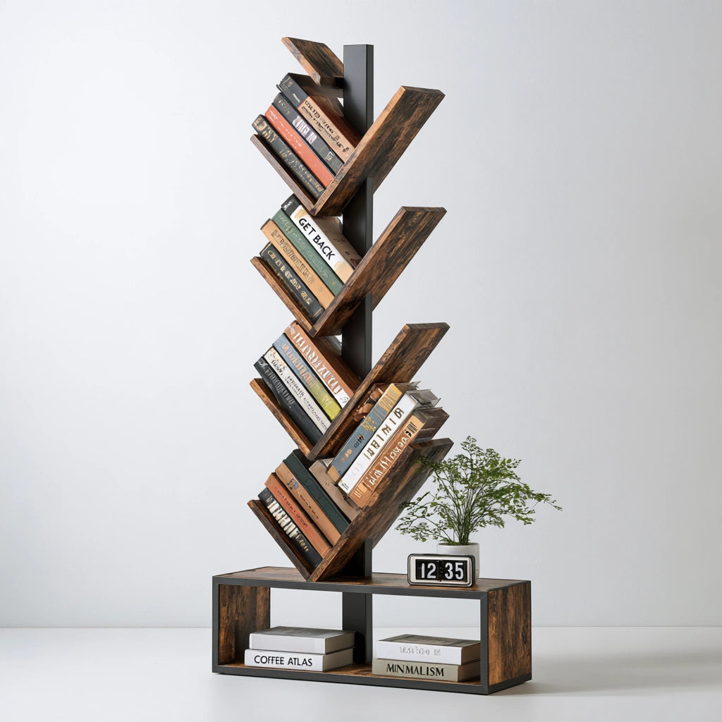 Modern gray wooden bookshelf by onvirex with clear design, angled shelves, ideal for home storage in the house and garden category.