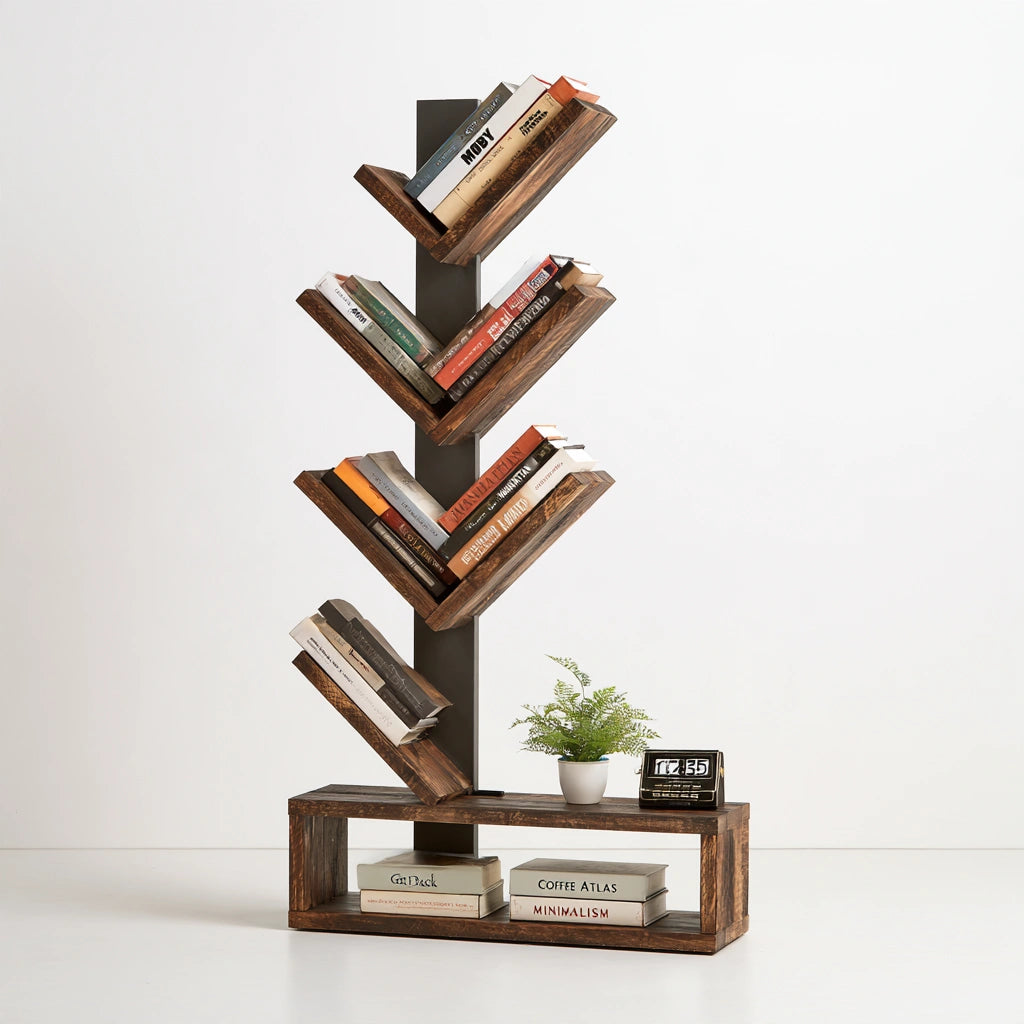 Modern gray bookshelf by onvirex with clear form and angled design, featuring seven diagonal shelves for stylish book storage.