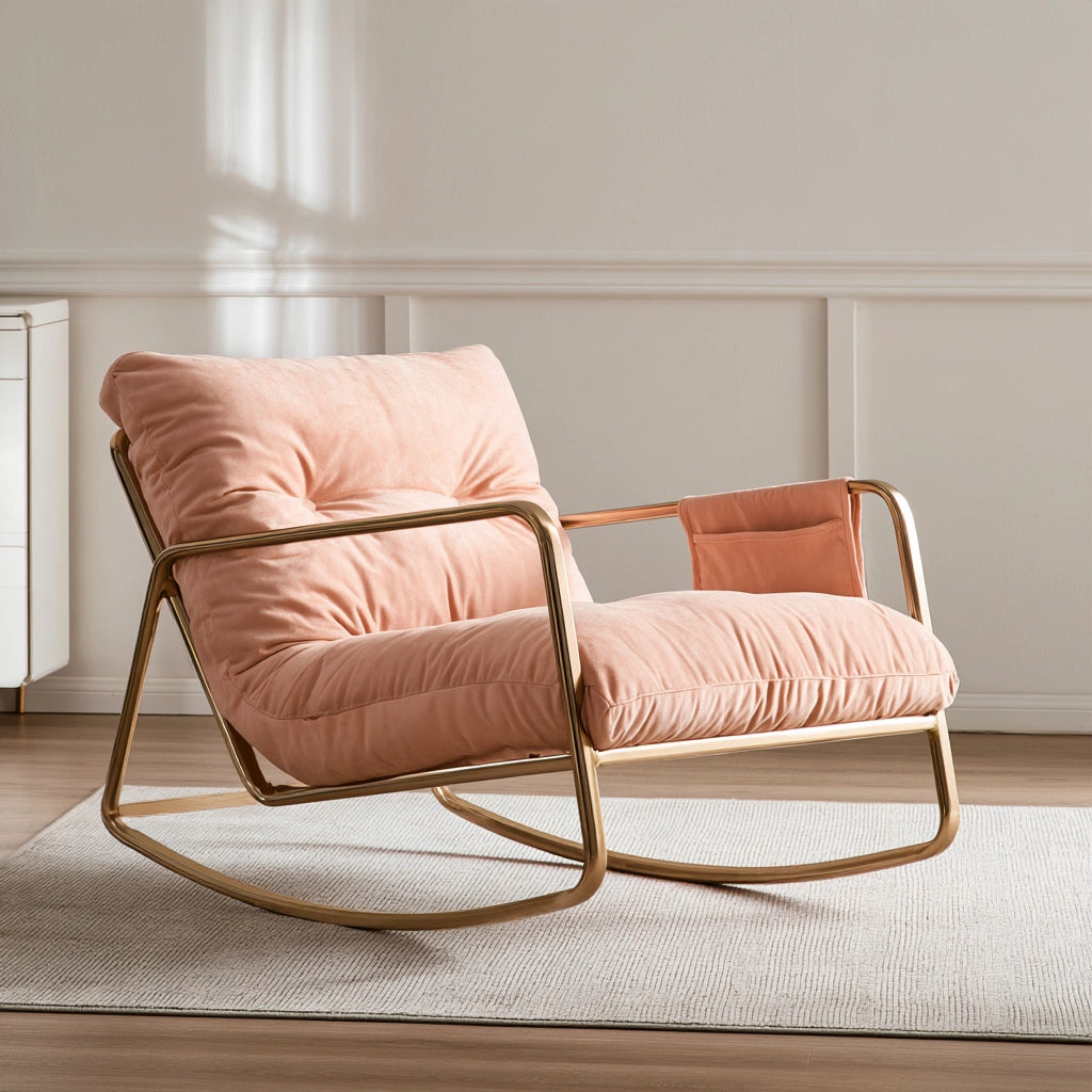 Modern onvirex grey rocking chair with clear, sleek design, angled view showcasing low-profile house and garden living room furniture.