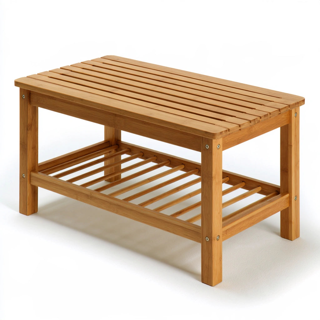 Onvirex bamboo shoe storage bench in light brown with natural wood grain, ideal for hallway organization and stylish footwear storage.