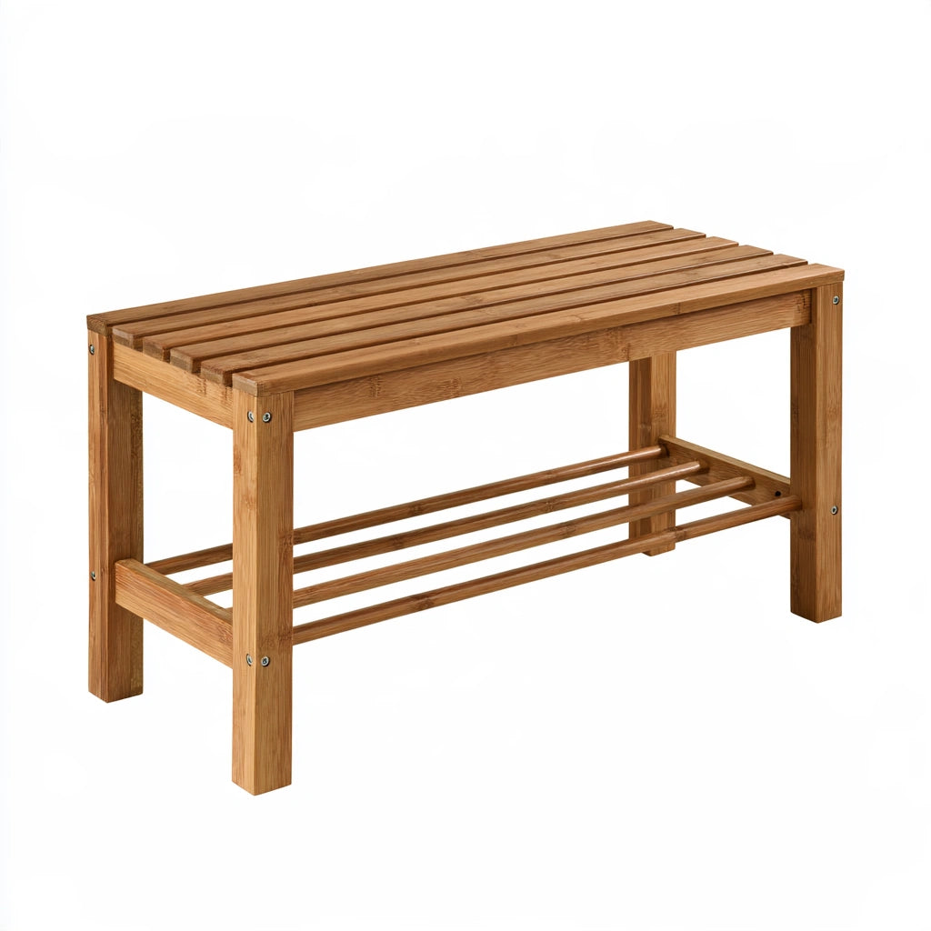 Onvirex bamboo shoe bench with storage, light brown color, angled studio shot showing natural bamboo finish and functional design.