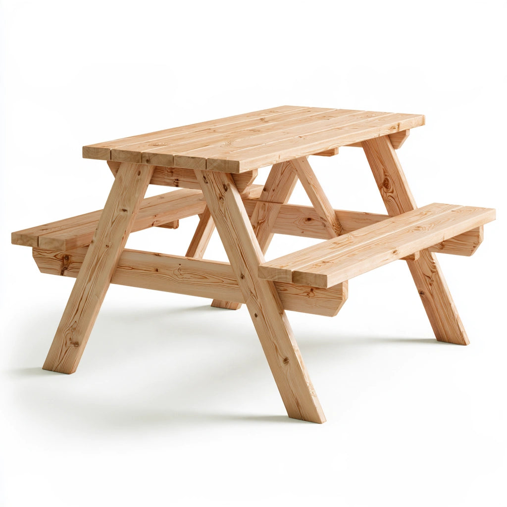 Onvirex picnic table made of light brown pinewood, outdoor garden furniture with a natural finish, angled studio shot.